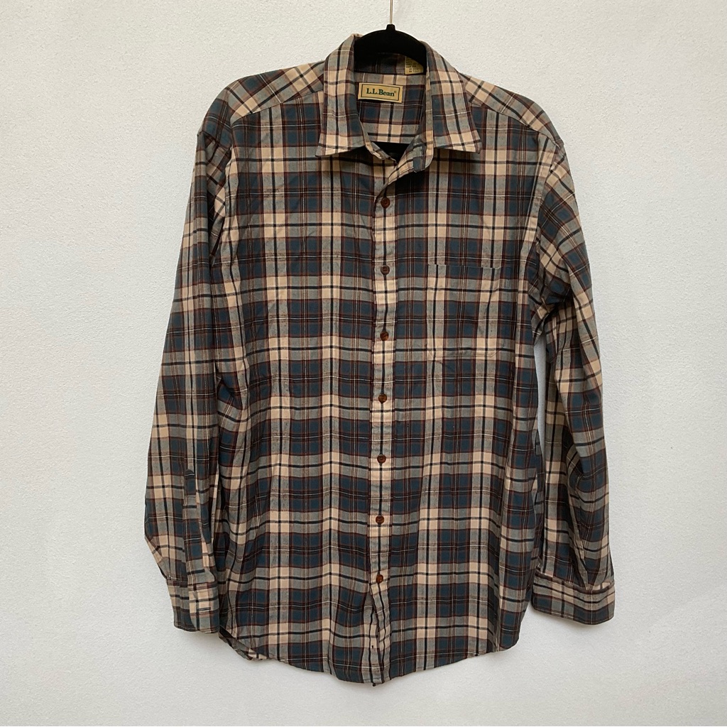 L.L. Bean Green, Tan, Orange Plaid Long Sleeve Button Down Size Large Tall